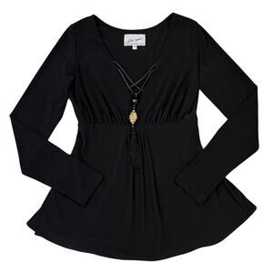 Linda Segal Black Tassel V-Neck Boho Top Tunic -  SIZE M